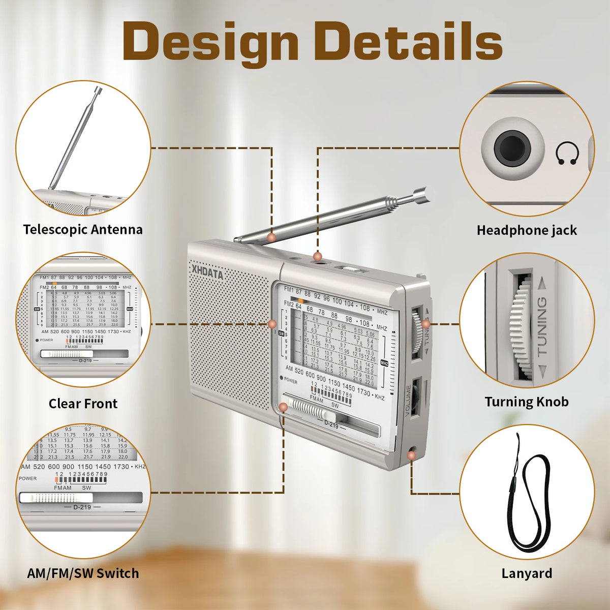XHDATA D219 Portable Radio AM FM MW Shortwave Receiver Pocket Radio High Sensitivity Multi Band Radio with Speaker Earphone Jack