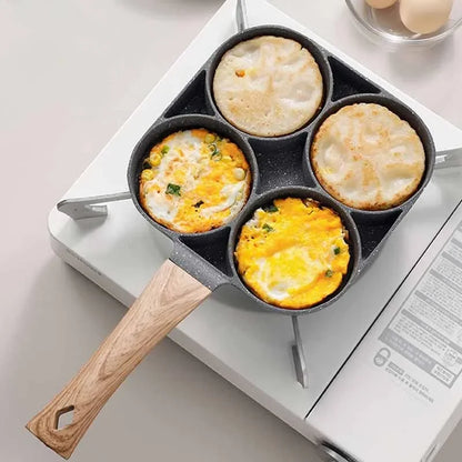 1/2Pcs 4-Hole Omelet Frying Pot Pan with Wooden Handle Frying Grill Non-stick Egg Pancake Steak Pan Cooking Egg Breakfast Maker