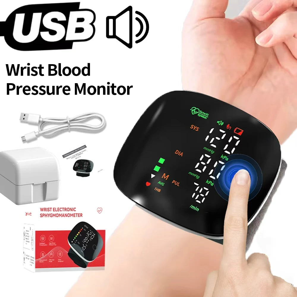 Medical Rechargeable Wrist Blood Pressure Monitor LED Display Fast Measurement Digital Tensiometer BP Tonometer Heart Rate Meter