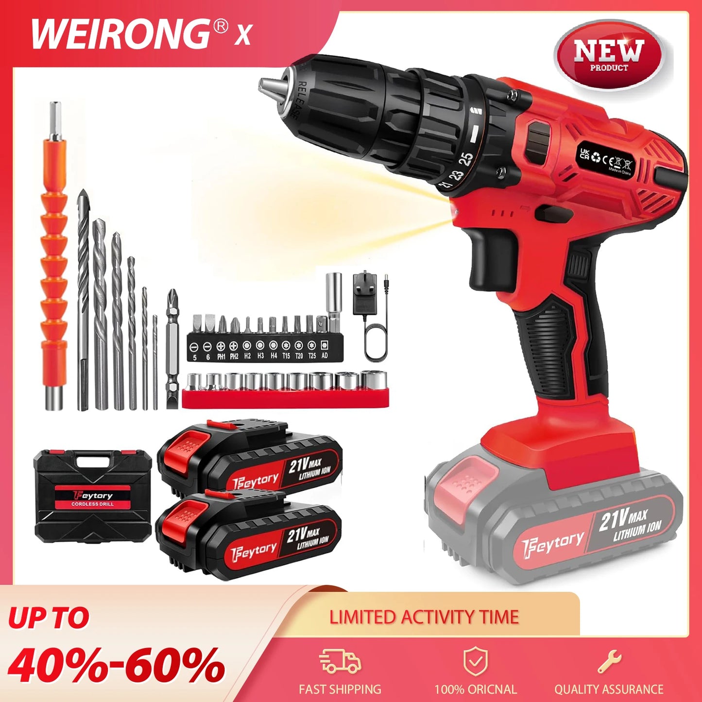21V Battery Drill,Electric Screwdriver with 45 Nm, 25+1 Tightening Torque Settings,29PCS Accessories,LED Light,Safety Lock Drill