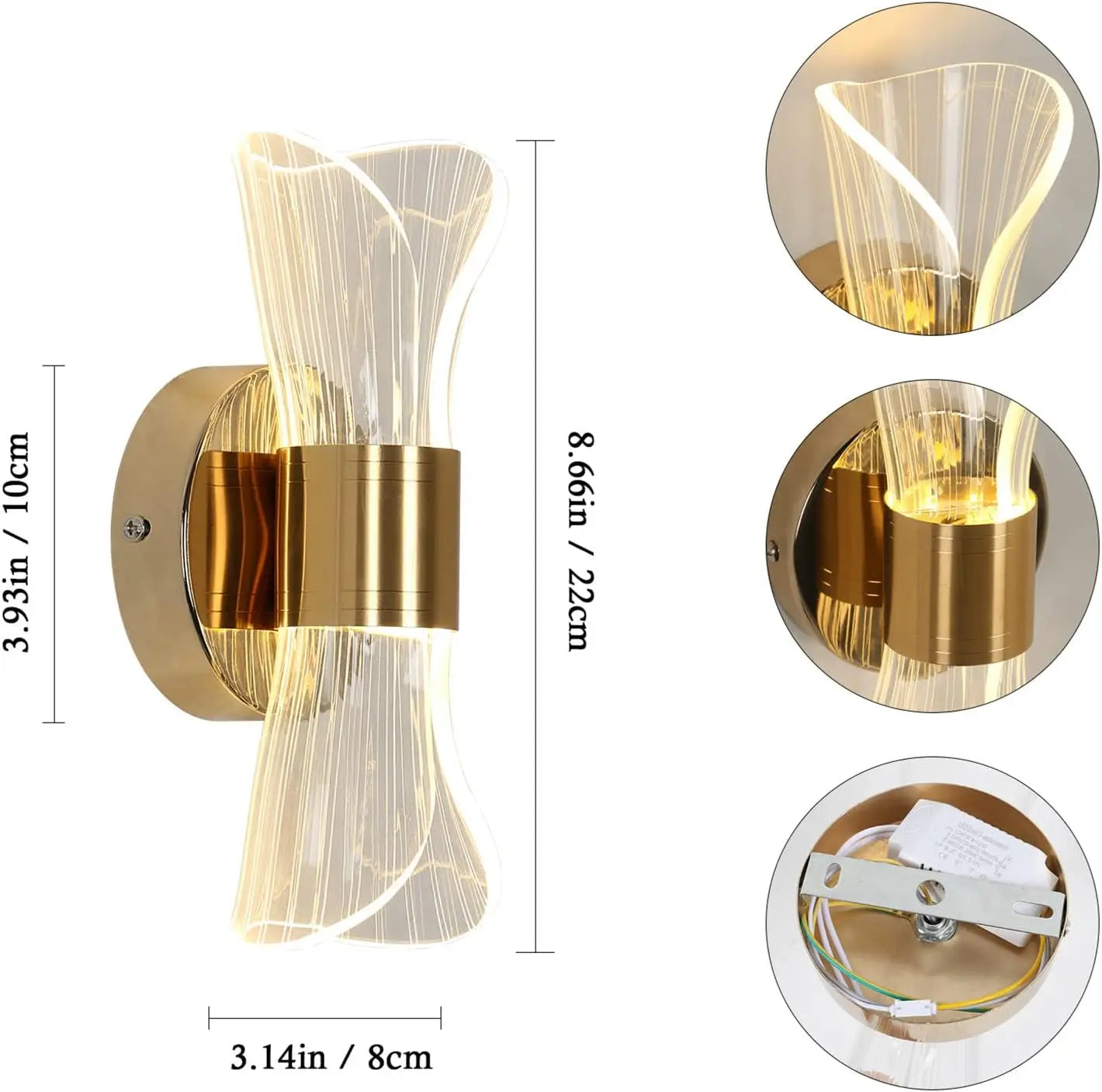 Gold Acrylic Wall Sconce, 12W Led Wall Lamp with 3 Color Temperature Options (3000K/4000K/6500K), Perfect for Hallway