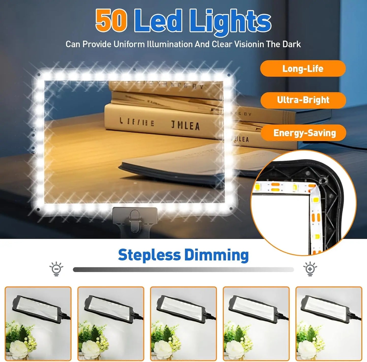 10X Rechargeable Full Page Magnifier，Large Len Magnifying Glass with 50 LED Lights & 3-IN-1 Gooseneck for Seniors Close Work