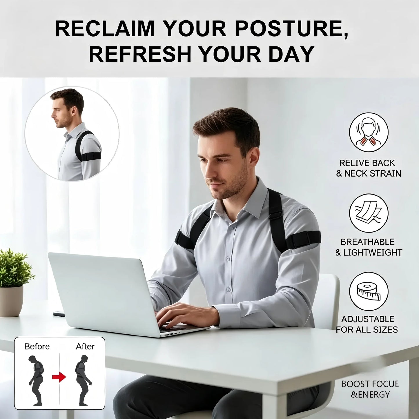 Adjustable Invisible Posture Corrector for Men Women, Breathable Upper Back Clavicle Support Brace for Hunchback Correction Pain