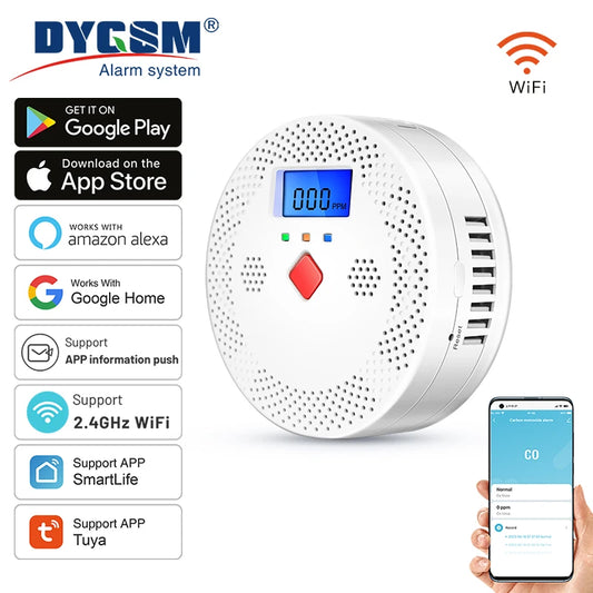 Tuya WiFi Smart Carbon Monoxide Detector Alarm 85dB Sound Warning LCD Digital Display Home Indoor CO Poisoning Siren