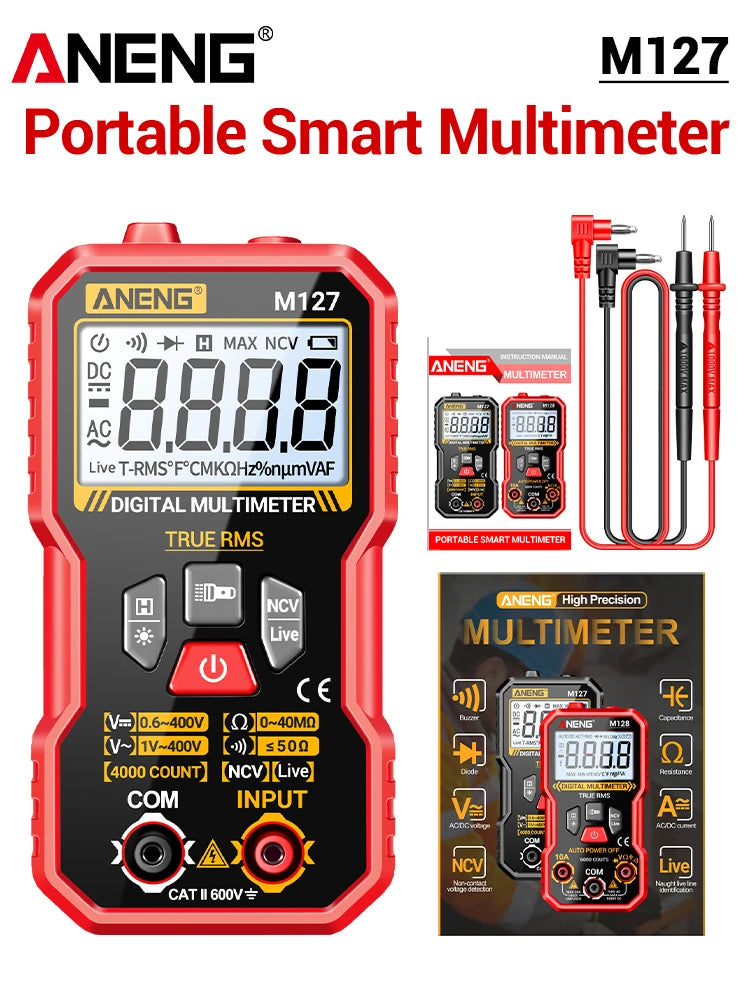 Digital Automatic Multimeter Tester 6000 count 600V AC Voltage current Voltmeter Ammeter NCV Resistance Back support frame tools