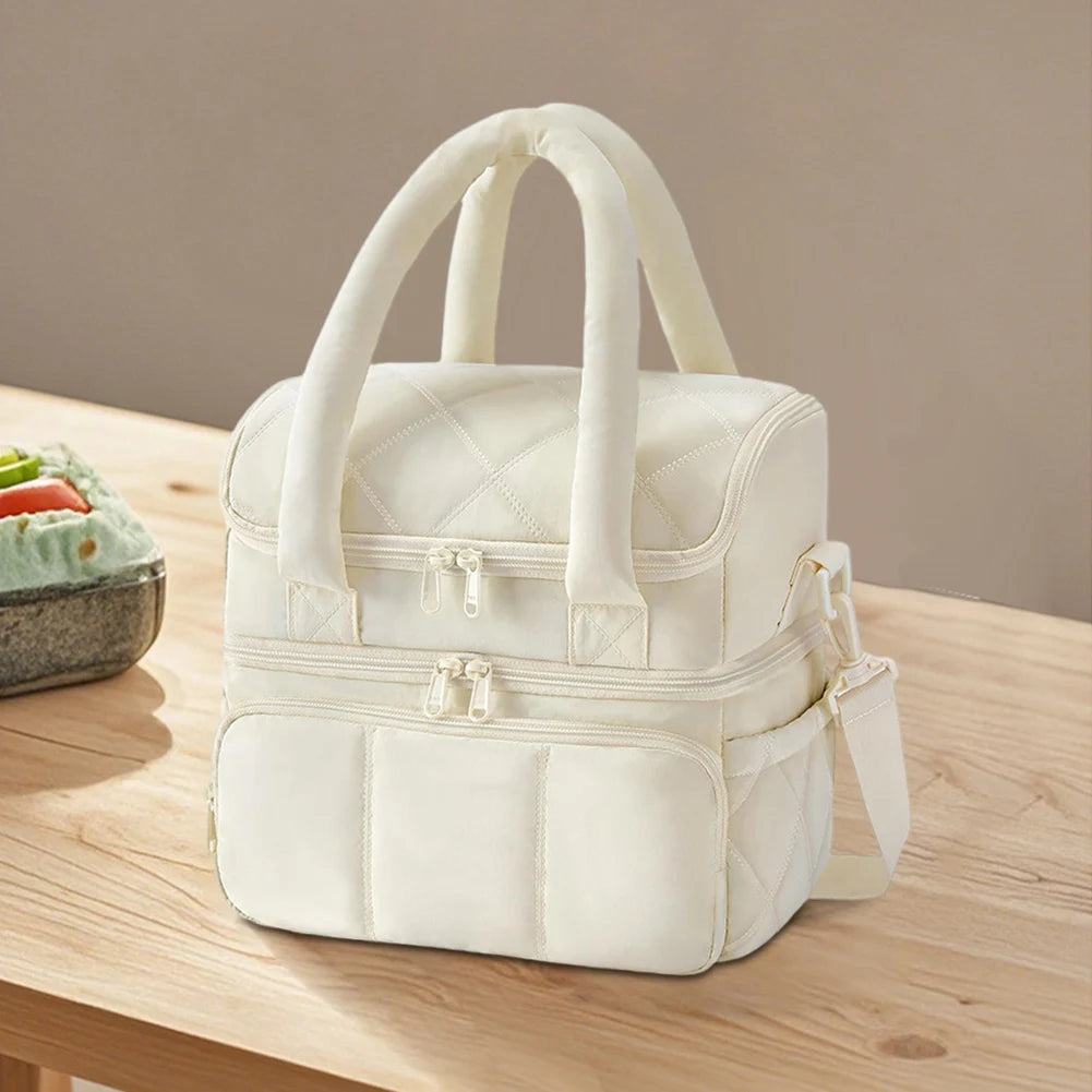Insulated Double Deck Lunch Bag for Women Ladies Puffy Padded Lunch Tote Waterproof Bento Top Handle Bag for Work Picnic Travel