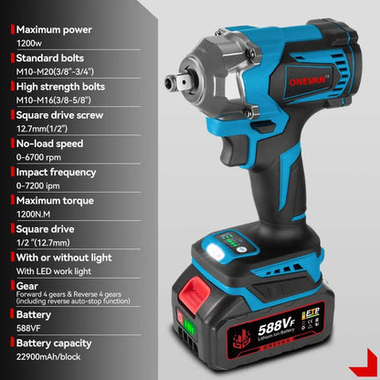 ONEVAN 1200N.m Brushless Electric Impact Wrench 1/2 inch Cordless Electric Screwdriver Drill Tool For Makita 18V Battery Pin
