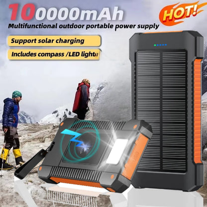 100000mAh Solar Power Bank External Battery Portable Charger Waterproof Powerbank W/ SOS Flashlight for IPhone Xiaomi Huawei