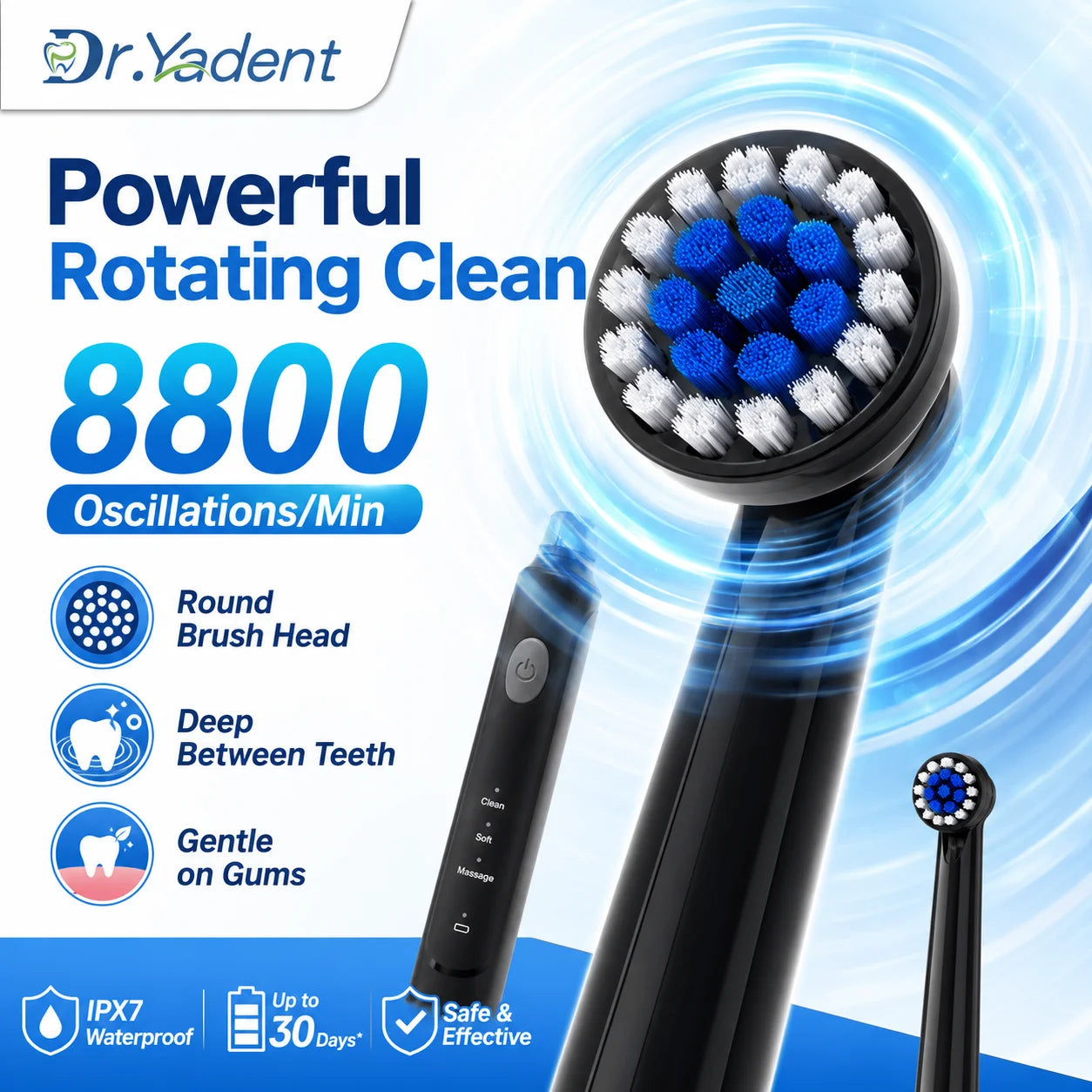 DrYadent Rotating Toothbrush YD2233 2mins Smart Timer with 3 Intelligence Modes Long-Lasting Usage with 4 Brush Heads Gum Cares