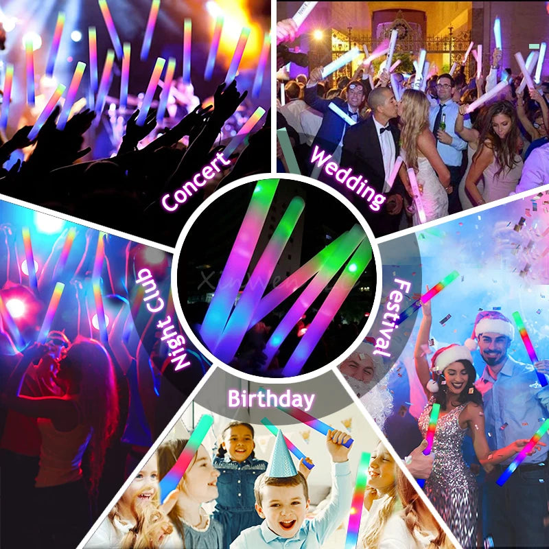 12/15/30/60Pcs RGB LED Glow Bulk Party Supplies Colorful LED Glow Sticks Foam Stick Cheer Tube Dark Light Birthday Wedding