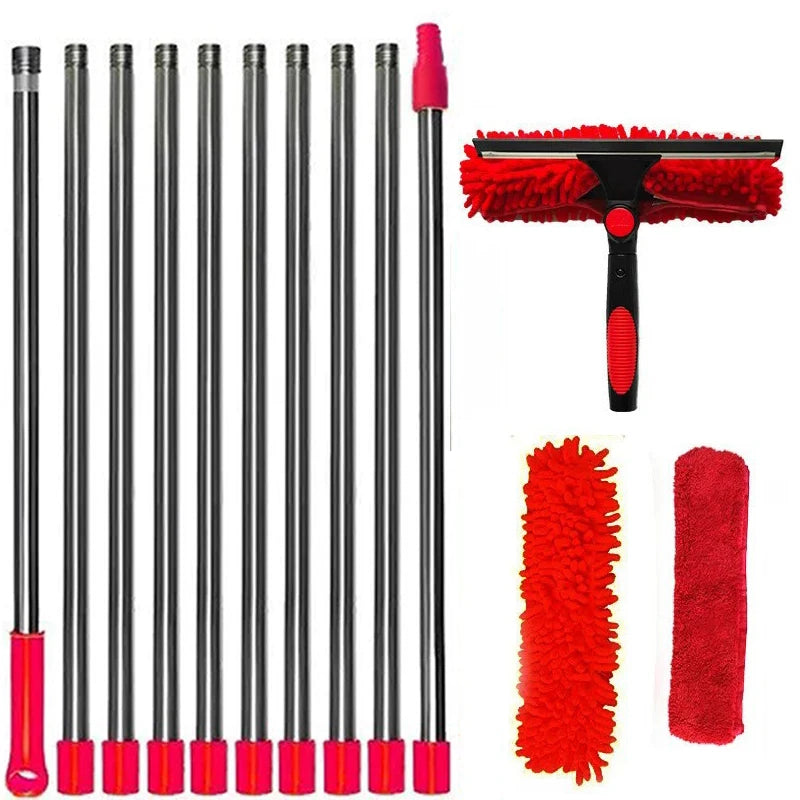 Extended Window Cleaning Kit 2 in 1 Double Sided Glass Squeegee Cleaner Duster Mop 180° Swivel Window Cleaning Tools