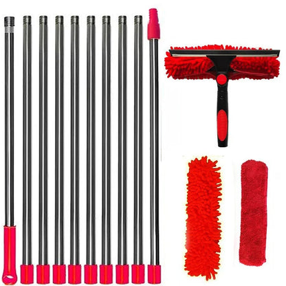Extended Window Cleaning Kit 2 in 1 Double Sided Glass Squeegee Cleaner Duster Mop 180° Swivel Window Cleaning Tools