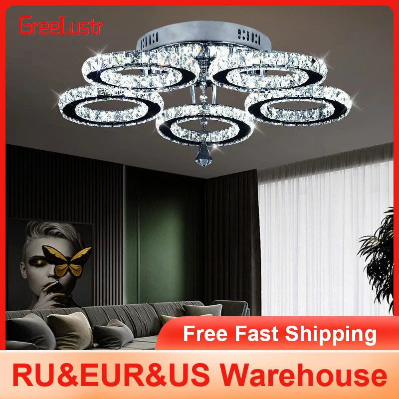Modern Crystal Chandelier Ceiling Lamp Chrome Flush Mounted Pendant Light Luminari Dining Living Room Plafon Led Hanging Lampara