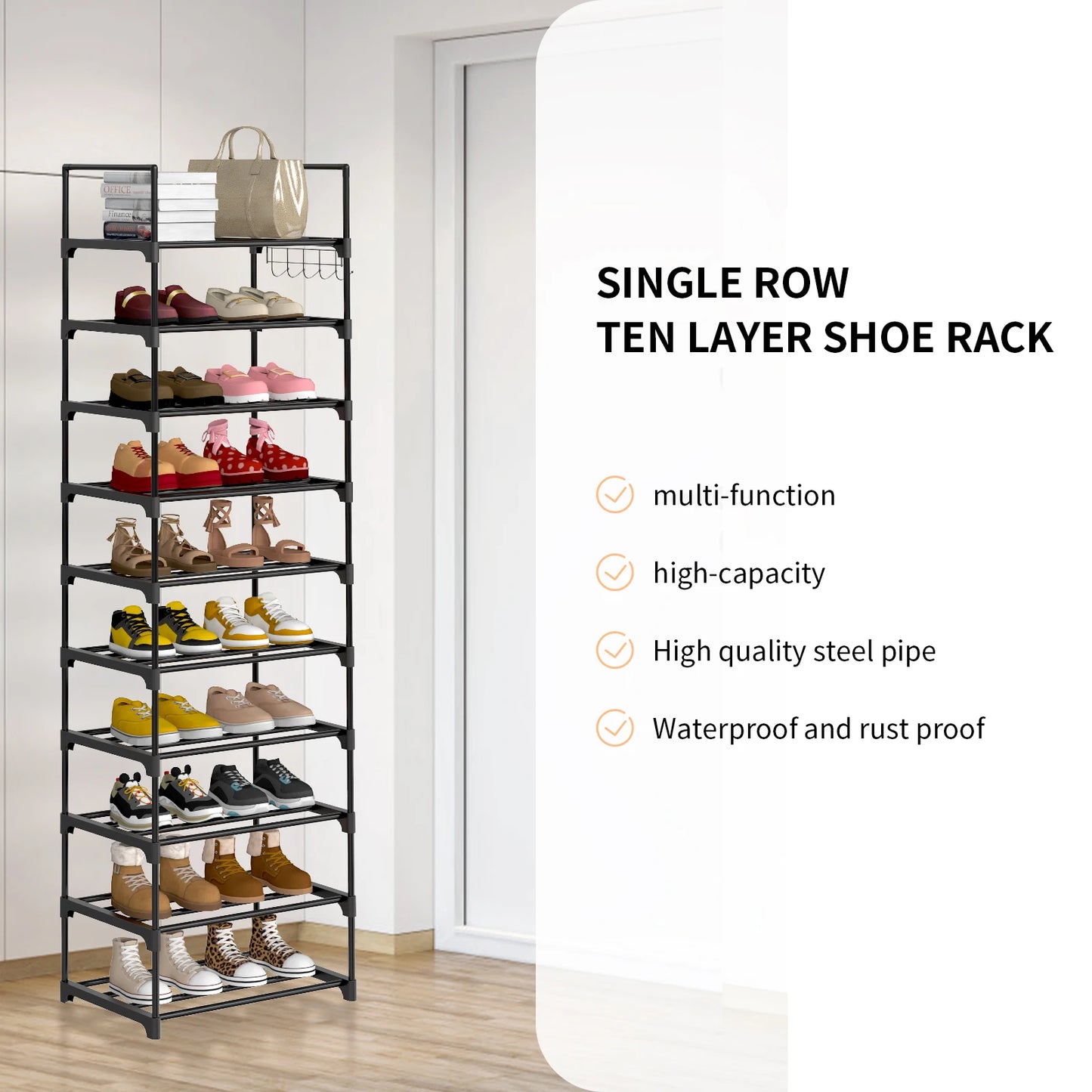 Shoe Rack,10-Tier Metal Shoe Storage Organiser, Metal Frame, Space-Saving Rack,for Room, Hallway STORAGE SHELVES STAND WITH HOOK