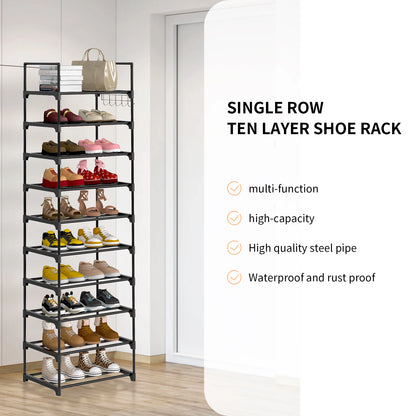 Shoe Rack,10-Tier Metal Shoe Storage Organiser, Metal Frame, Space-Saving Rack,for Room, Hallway STORAGE SHELVES STAND WITH HOOK