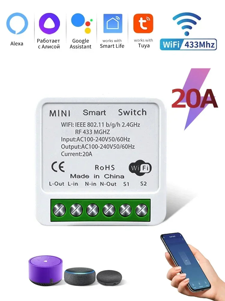 Tuya Smart WiFi Switch 16A 20A 433Mhz Receiver Breaker Smart Life App Remote Supports 2-way Control Works with Alexa Google Home