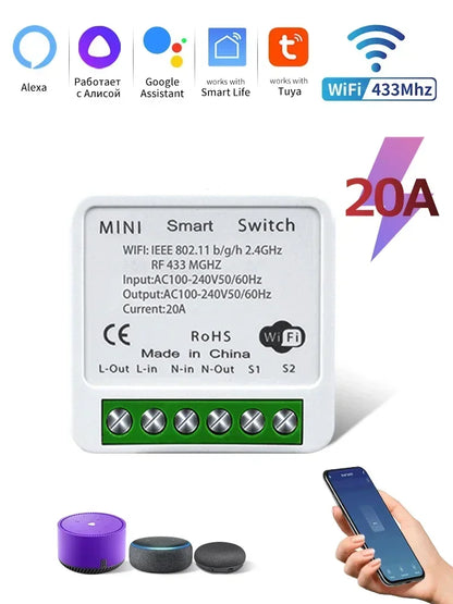 Tuya Smart WiFi Switch 16A 20A 433Mhz Receiver Breaker Smart Life App Remote Supports 2-way Control Works with Alexa Google Home