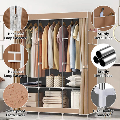 Large Heavy-Duty Fabric Canvas Wardrobe Closet with Hanging Rail & Shelving Storage