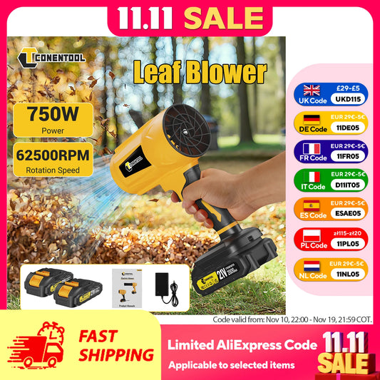 CONENTOOL 62500RPM Cordless Electric Turbo Blowers Jet Fan 200M/S Handheld Leaf Blower Dust Blowing for Makita 18V Battery Pin