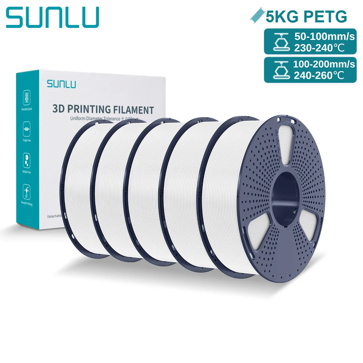 SUNLU PETG 3D Printer Filament 5KG Neatly Wound Good Toughness 1.75mm 3D Filament with Reusable Spool for Most FDM Printer