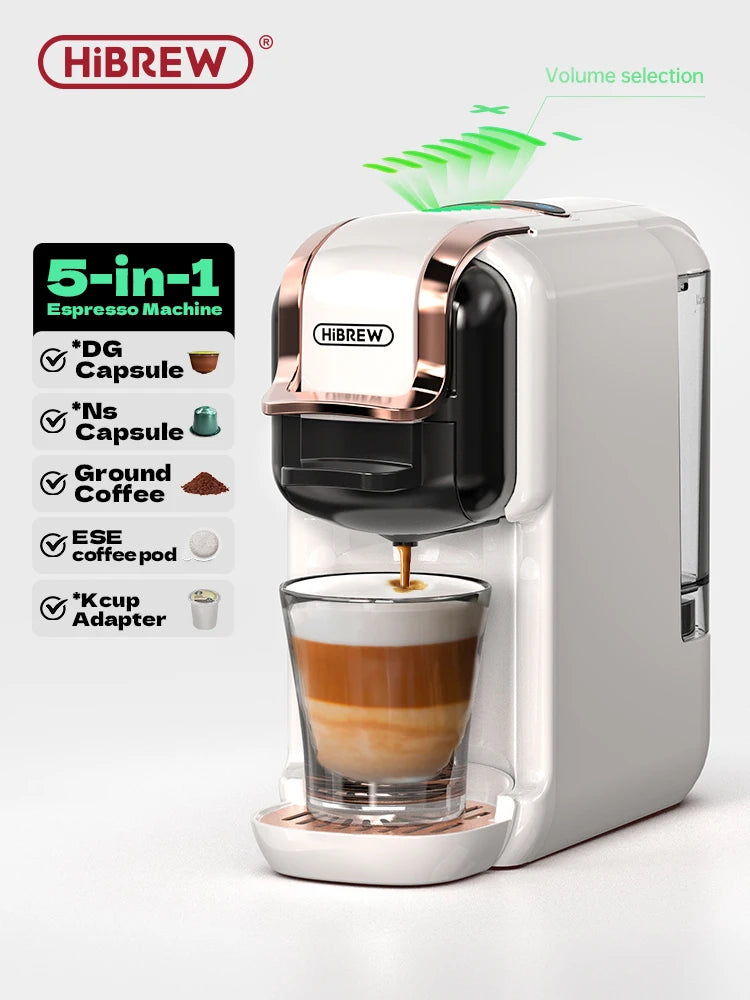HiBREW 5 in 1 Multiple Capsule Coffee Machine Hot/Cold DG Cappuccino Nes Small Capsule ESE Pod Ground Coffee Cafeteria 20Bar H2B