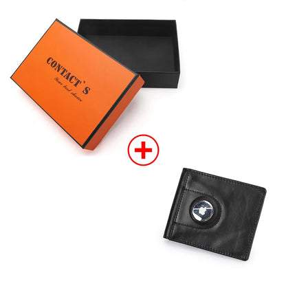 CONTACT'S Genuine Leather Men Slim Wallet RFID Casual Money Clip Male Wallets Airtag Holder Credit Card Small Purse Coin Pocket