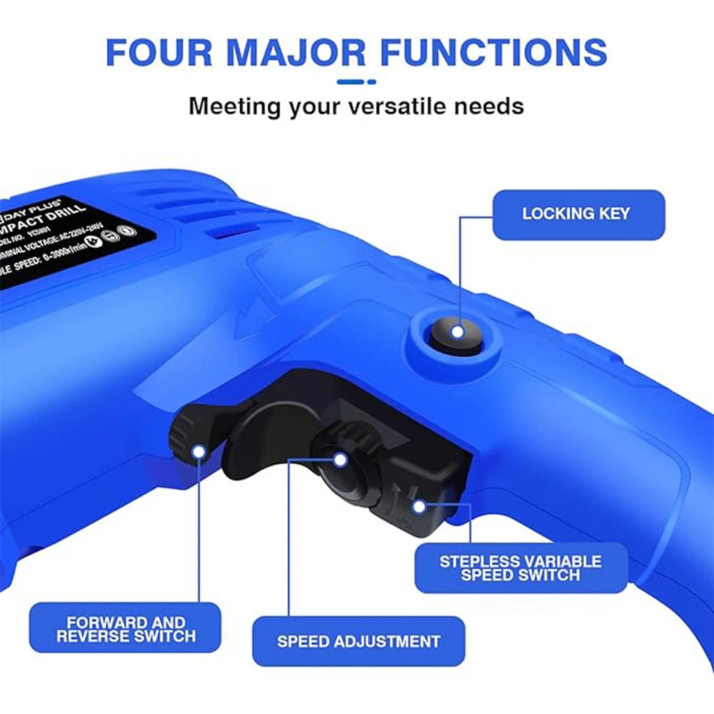 Hammer Drill 240V for Wood Metal Concrete, 850W Corded Electric Impact Drill 3000rpm Variable Speed, 2 in 1 with 360° Rotating