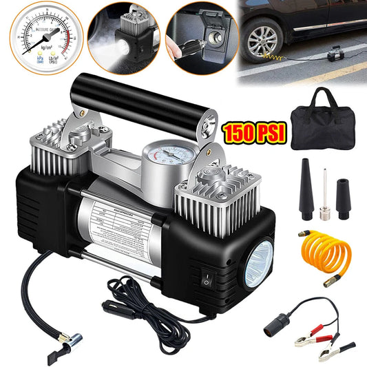 12V Portable Dual Cylinder Air Pump 150PSI Electric Car Tyre Inflator Automotive Inflation Pump Portable Dual Purpose Air Pump