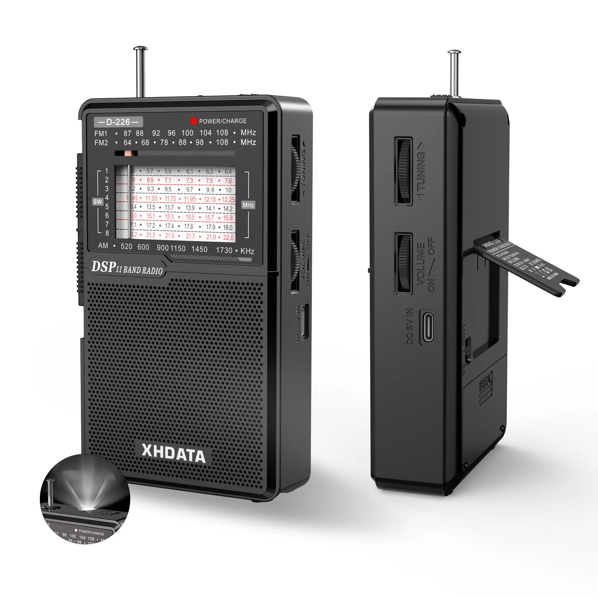 XHDATA D226 Mini Shortwave Radio AM FM SW Portable USB-C Rechargeable Battey Radio LED Flashlight 3.5mm Headphone Jack Stand
