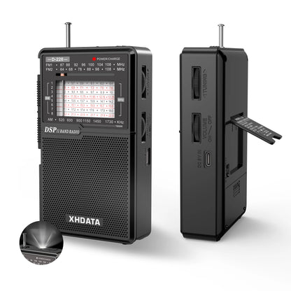 XHDATA D226 Mini Shortwave Radio AM FM SW Portable USB-C Rechargeable Battey Radio LED Flashlight 3.5mm Headphone Jack Stand