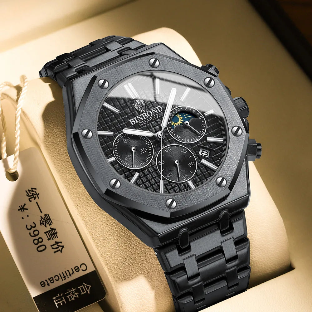 BINBOND Top Brand B0161 Men's Casual Watch Luxury Luminous Stainless Steel Waterproof Men's Date Calendar Clock