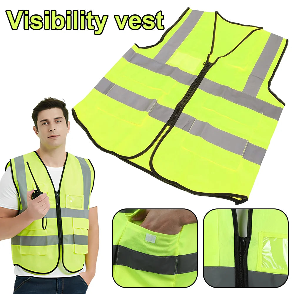 Reflective Safety Vest With 4 Pockets, Durable Protective Vest With Black Resin Zipper, High Visibility Reflective Clothing