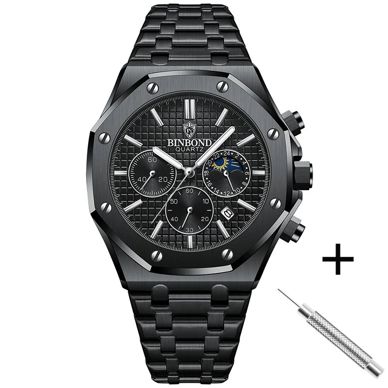 BINBOND Top Brand B0161 Men's Casual Watch Luxury Luminous Stainless Steel Waterproof Men's Date Calendar Clock