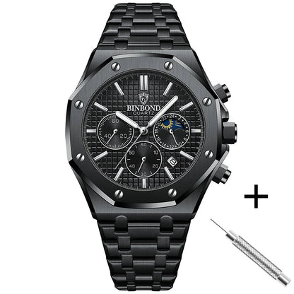 BINBOND Top Brand B0161 Men's Casual Watch Luxury Luminous Stainless Steel Waterproof Men's Date Calendar Clock