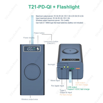 T21 Battery Storage Box 21*18650 with Flashlight Power Bank Case Battery Holder Box Dual USB 18650 Battery DIY Shell Storage