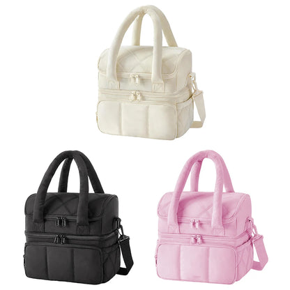 Insulated Double Deck Lunch Bag for Women Ladies Puffy Padded Lunch Tote Waterproof Bento Top Handle Bag for Work Picnic Travel