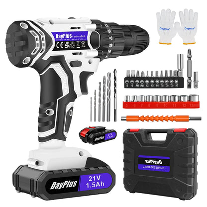 Cordless Drill Set, 21V Drill with 1.5Ah Battery, Cordless Screwdriver with Battery and Charger, Home DIY Tool Kit