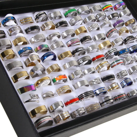 100pcs Mixed Rings Wholesale Lot Bulk Finger Band Rings for Men Women Birthday Jewelry Gift with Box