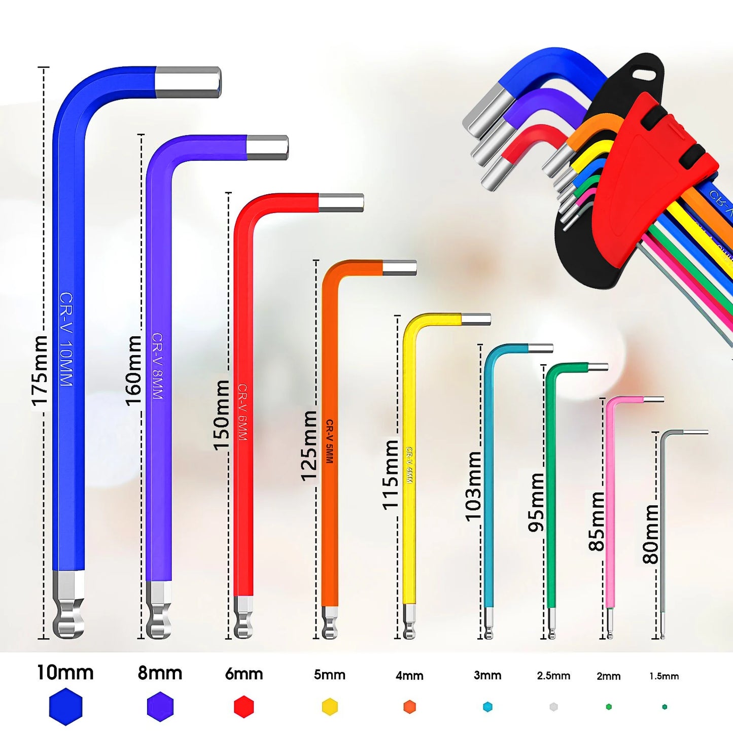 Allen Key Set Socket Folding Wrench Hex Metric 9Pcs/Set Ball End Long Wrench Colour Coded Alan Keys 1.5mm - 10mm