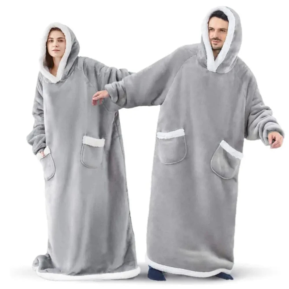 180cm Super Long Flannel Blanket Pyjamas with Sleeves Winter Hoodies Sweatshirt Women Men Pullover Fleece Giant Oversized Outdoo