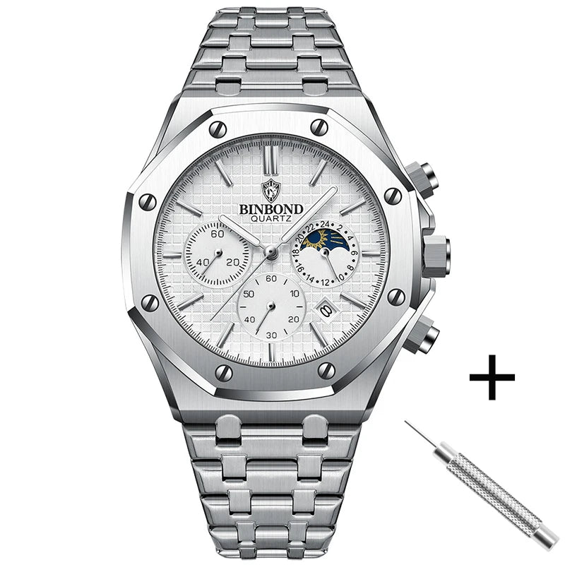 BINBOND Top Brand B0161 Men's Casual Watch Luxury Luminous Stainless Steel Waterproof Men's Date Calendar Clock