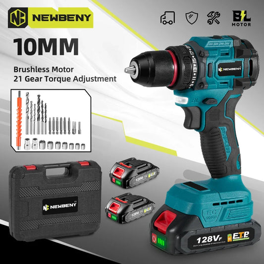 NEWBENY 10mm Brushless Electric Drill Screwdriver 21+2 Torque Cordless DIY Household Drill Tool For Makita 18-21V Battery Pin