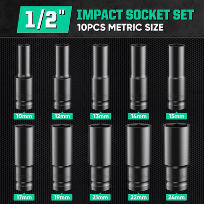 1/2Inch Drive 6-Point Impact Socket Set 10-20 pcs/set 8-32mm Metric Sizes Carbon Steel Impact Socket Set with Hard Storage Box