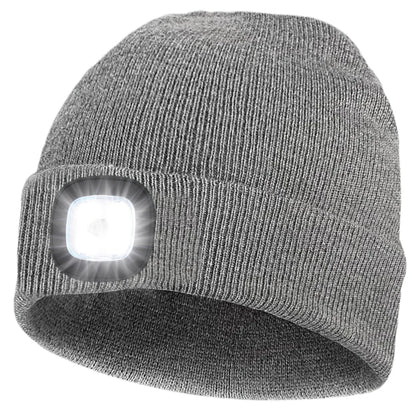 Winter Warm Knit Beanie 8 Hours High Powered Light 4 LED Beanie Hat USB Rechargeable Hands Free Headlamp Cap for Running Hiking