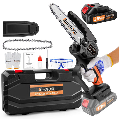 Handheld Mini Chainsaw Cordless 6 Inch Powerful Electric Chain saw with 2 Chains, Security Lock for Wood Cutting Tree Trimming