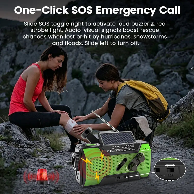 2000mAh Emergency Radio RechargeablePower Bank with  Portable FM Radio USB/Solar/Hand Crank Charging SOS Alarm & Flashlight