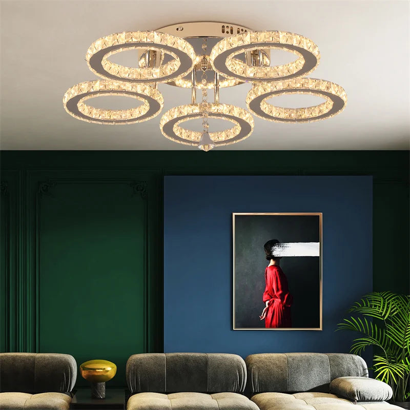 Modern Crystal Chandelier Ceiling Lamp Chrome Flush Mounted Pendant Light Luminari Dining Living Room Plafon Led Hanging Lampara