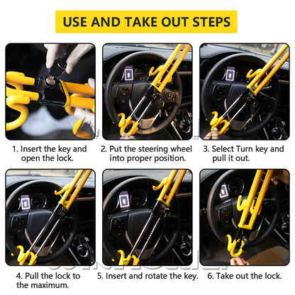 1/2/4Piece Vehicle Anti-Theft Security Lock with Adjustable Length Clamp Double Hook Locks Heavy Duty Steering Wheel Lock w/Keys