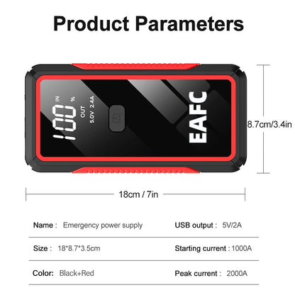 2000A Portable MultiFunction Emergency Booster Car Emergency Mobile Power Battery Charger 12V Car Jump Starter with LED Light