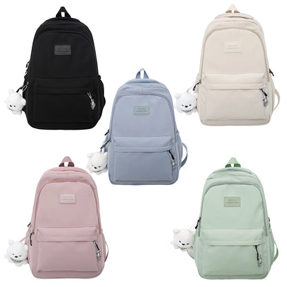 College Student Rucksack Large Capacity Casual Book Bags with Cute Pendant Simple Adjustable Strap Fashion for Outdoor Sport
